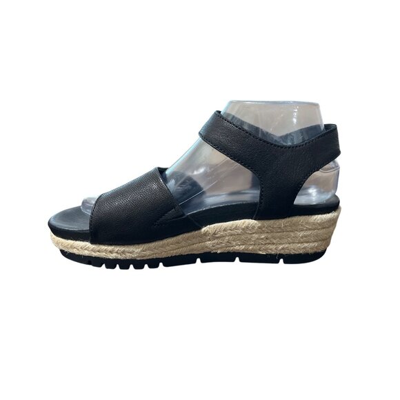 Josef Seibel Espadrille Sandals Black Leather Open Toe Wedge Size 39 / US 8-8.5 - Picture 10 of 10